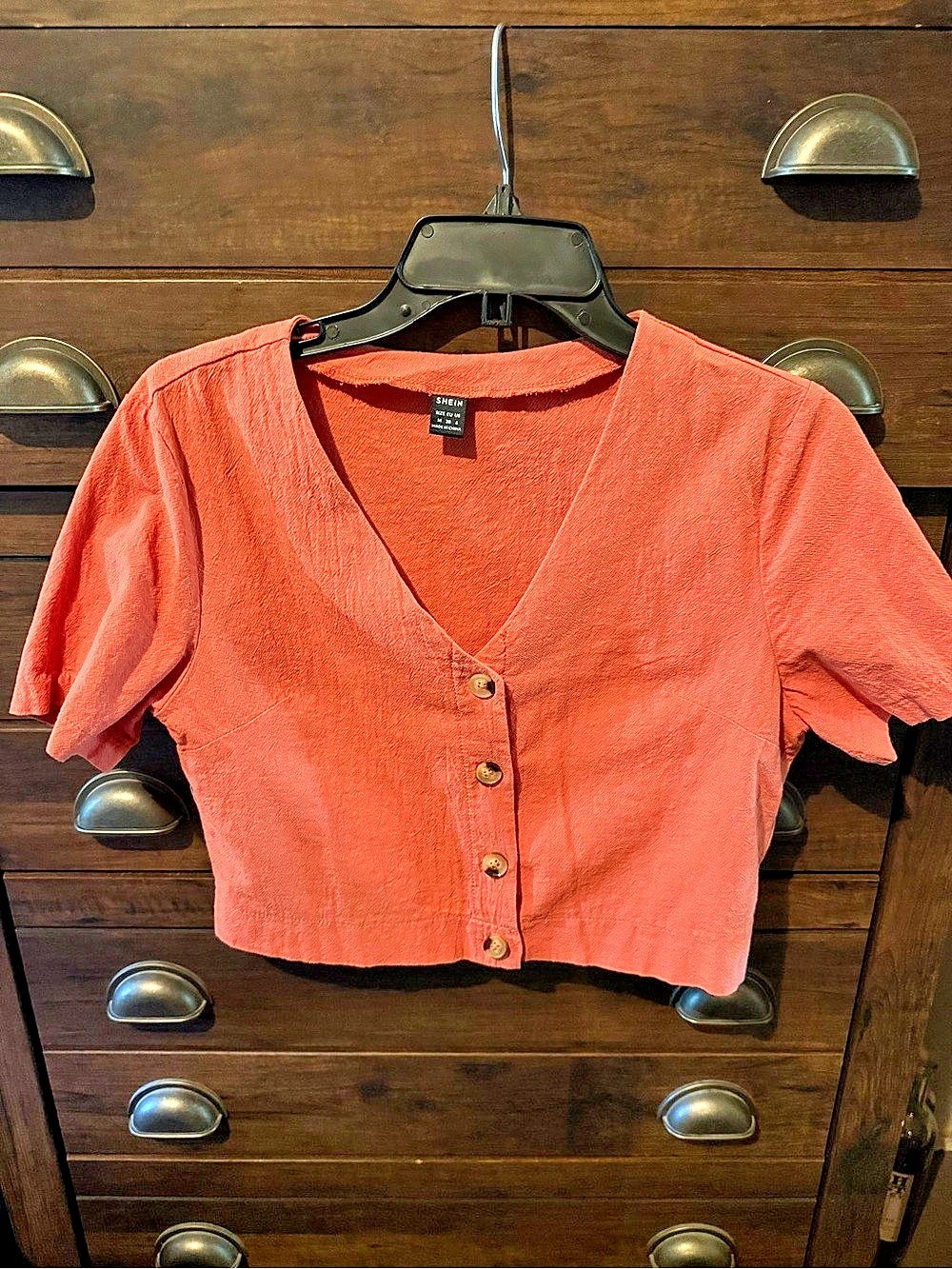 SHEIN Cropped Button Front Top in Coral Size Medium